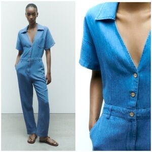 ZARA ~ Blue Denim and Linen Jumpsuit